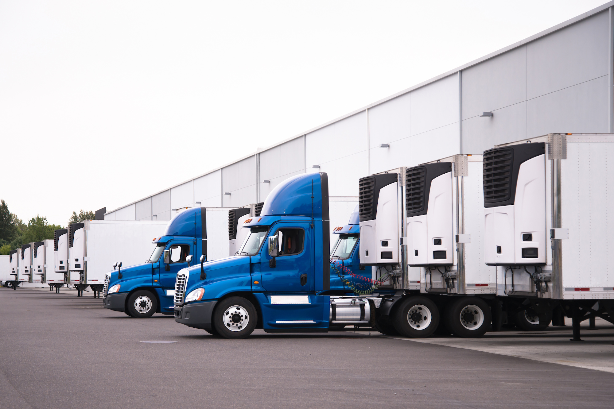 a row of trucks parked in front of a warehouse