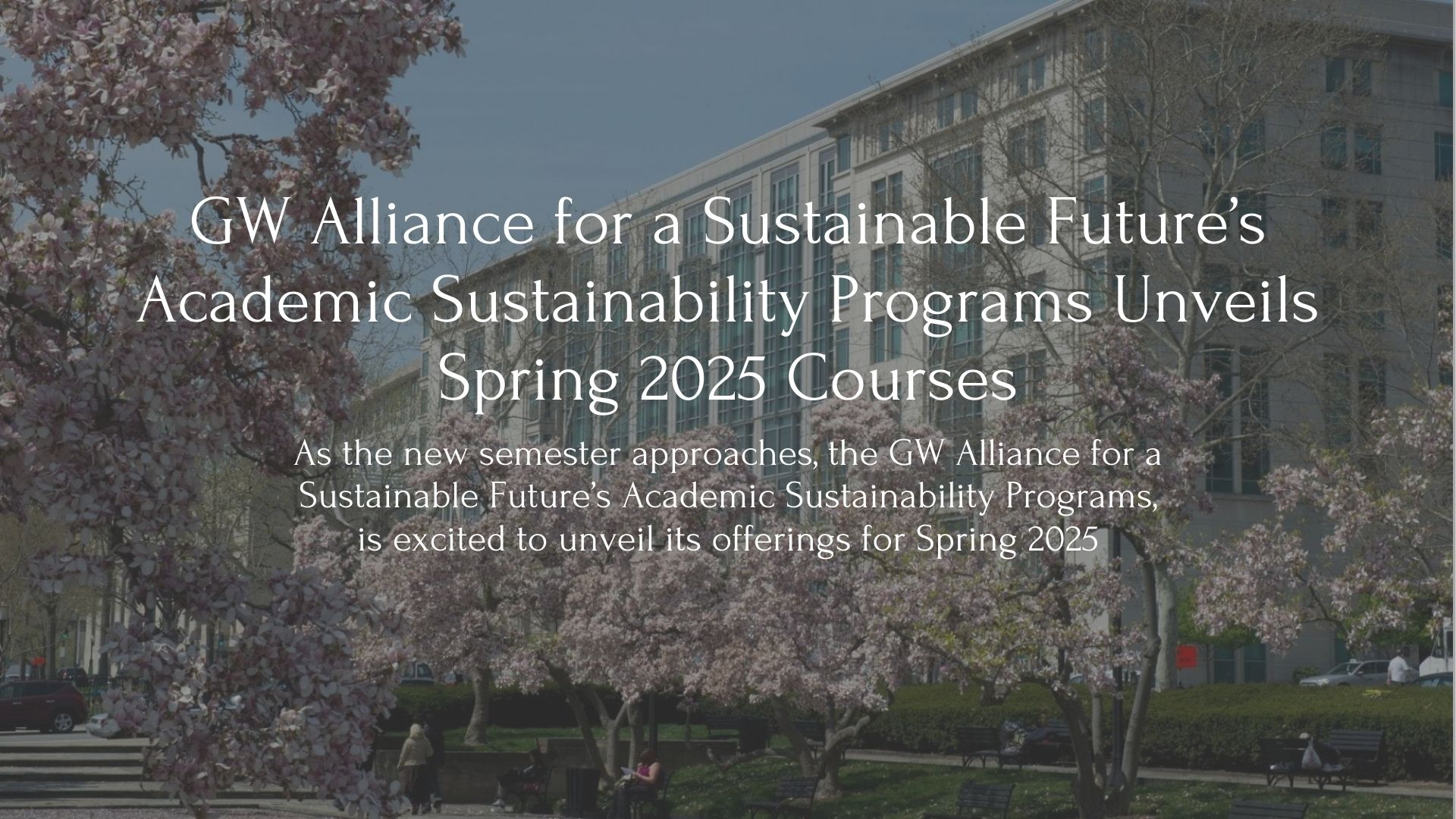GW Alliance for a Sustainable Future’s Academic Sustainability Programs Unveils Spring 2025 Courses, As the new semester approaches, the GW Alliance for a Sustainable Future’s Academic Sustainability Programs,  is excited to unveil its offerings for Spring 2025, behind sits the Elliot School in the spring with cherry blossom trees