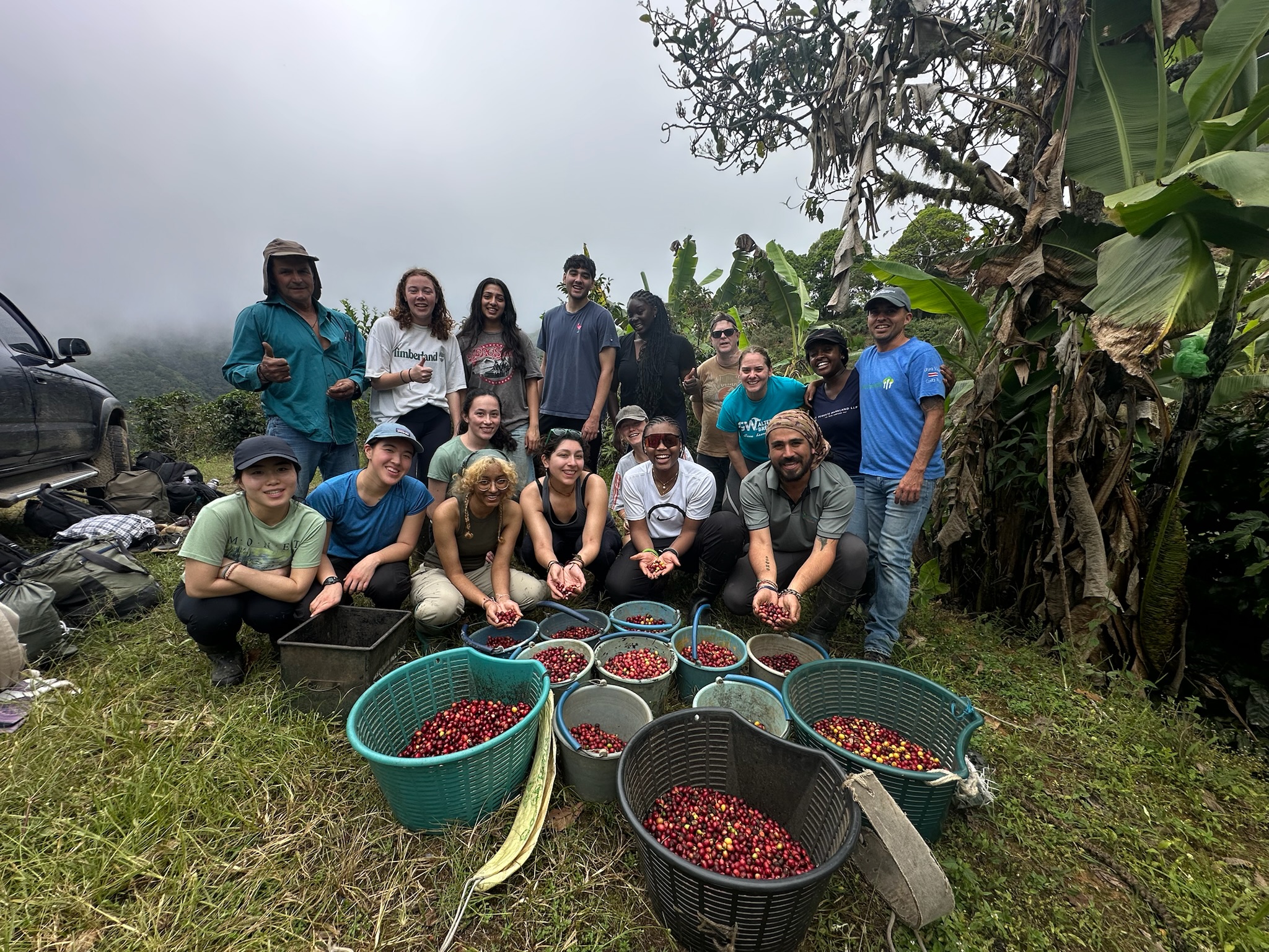 GW Alternative Breaks Cohort posed behind many baskets of raw coffee beans, behind them are jungle trees and low clouds