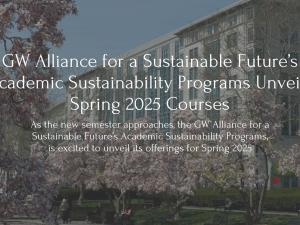 GW Alliance for a Sustainable Future’s Academic Sustainability Programs Unveils Spring 2025 Courses, As the new semester approaches, the GW Alliance for a Sustainable Future’s Academic Sustainability Programs,  is excited to unveil its offerings for Spring 2025, behind sits the Elliot School in the spring with cherry blossom trees