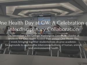Picture with words in front, Title: One Health Day at GW: A Celebration of Interdisciplinary Collaboration. Subtitle: On November 1, the George Washington University chapter of Students for One Health hosted their annual One Health Day event, bringing together students from diverse academic backgrounds to explore the interconnectedness of human, animal, and environmental health. Picture features students in a classroom