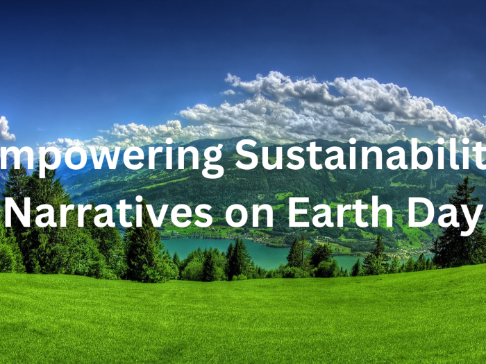 A scenic background of a lush green field lined with tall trees and a cloud-filled blue sky with the text "empowering sustainability narratives on Earth Day" written in white text over the photo.