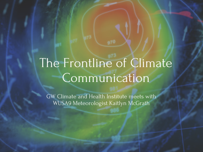 Title Text: The Frontline of Climate Communication, Subtext: GW Climate and Health Institute meets with WUSA9 Meteorologist Kaitlyn McGrath. Behind the text is an image of a meteorology map