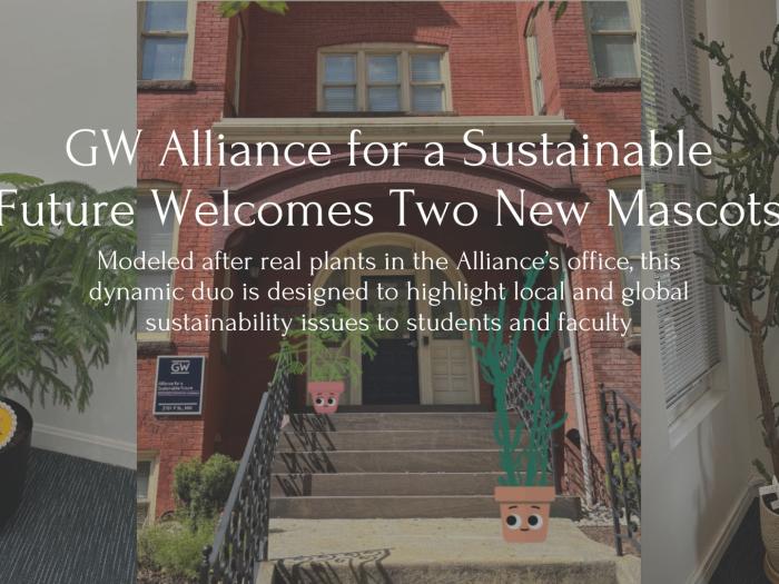 Plants named spike and arva on the two sides with the center featuring cartoon versions of spike and arva climbing the steps of the Alliance building