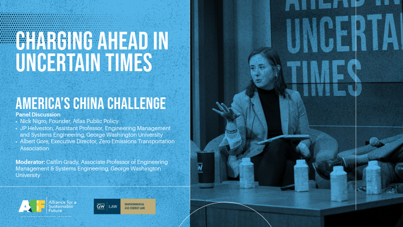 a blue background with white text that reads "Charging Ahead in Uncertain Times: America's China Challenge" and a woman with a sport coat pointing to a studio audience