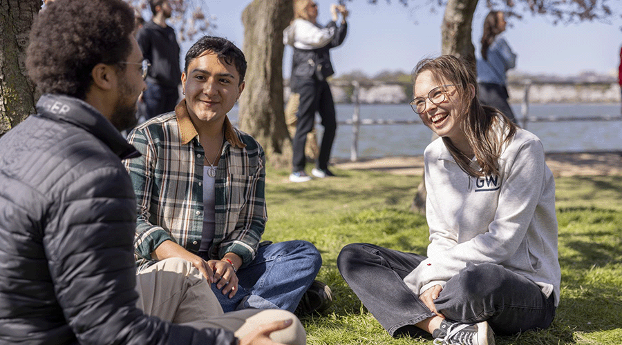 three undergraduate students sit on the grass under cherry blossom trees