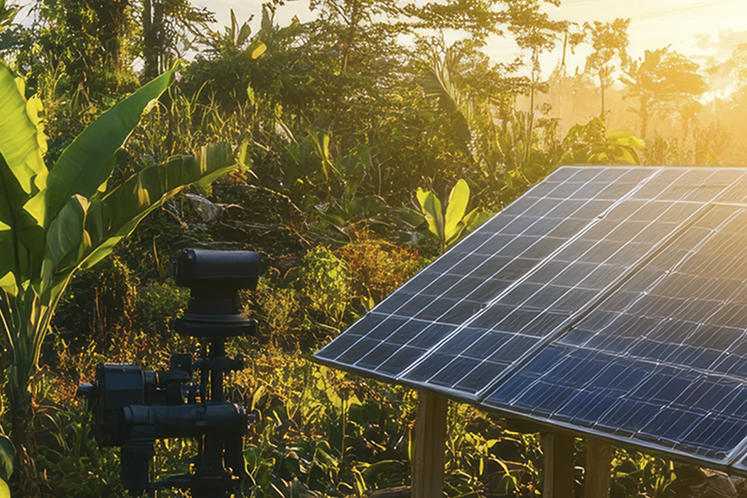 a solar panel in a forest
