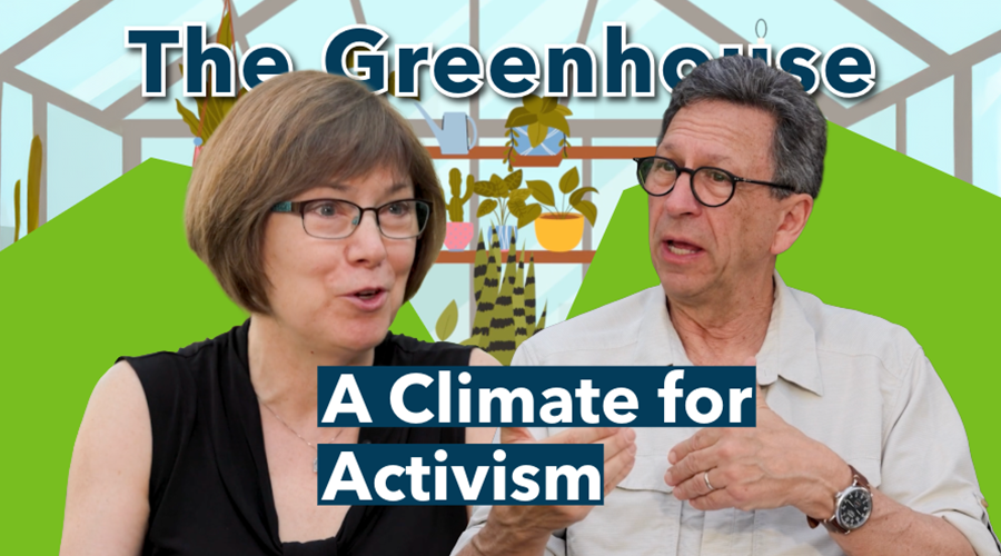 two people speaking to each other with an animated background of a greenhouse