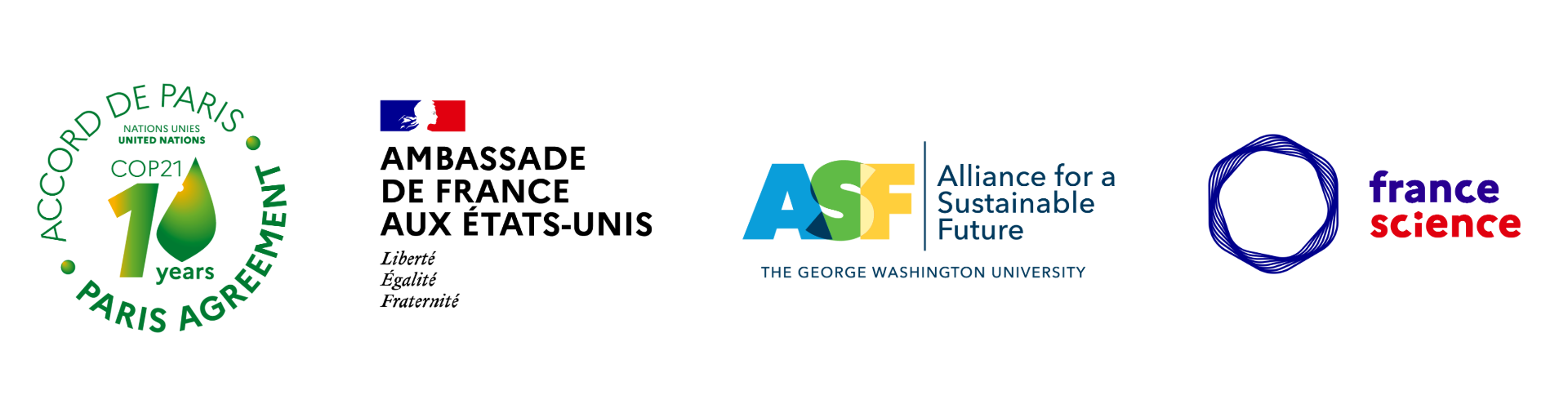 four logos, a green circle with a leaf making the number "10" , the embassy of france in blue white and red, ASF in blue green and yellow, and France Science a blue circle with blue and red writing