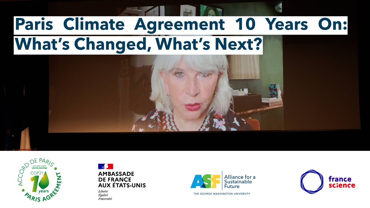 a woman with white hair on a screen and text that reads Paris Climate Agreement 10 Years On