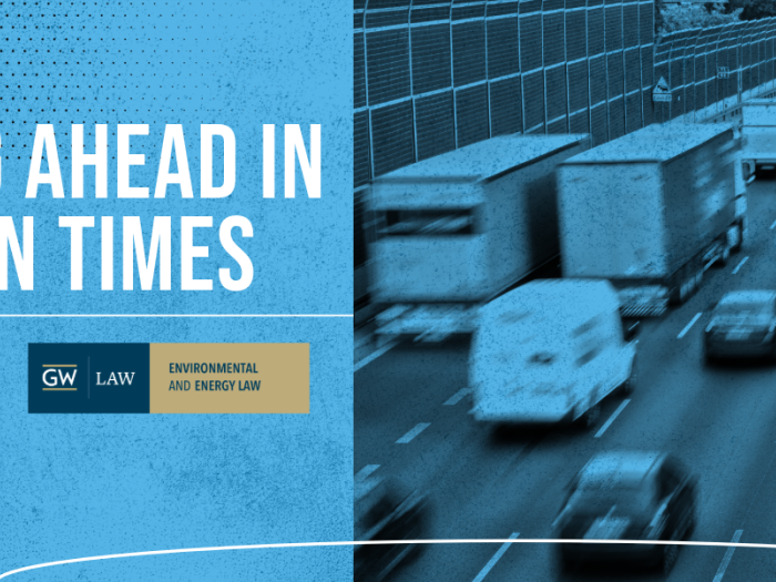 A blue background with cars on a highway and white text that reads Charging Ahead in Uncertain Times