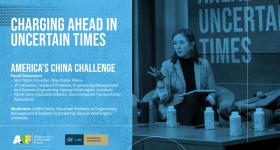 a blue background with white text that reads "Charging Ahead in Uncertain Times: America's China Challenge" and a woman with a sport coat pointing to a studio audience